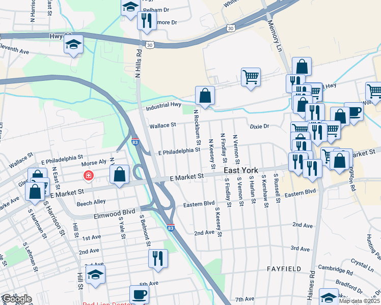 map of restaurants, bars, coffee shops, grocery stores, and more near 45 North Marshall Street in East York