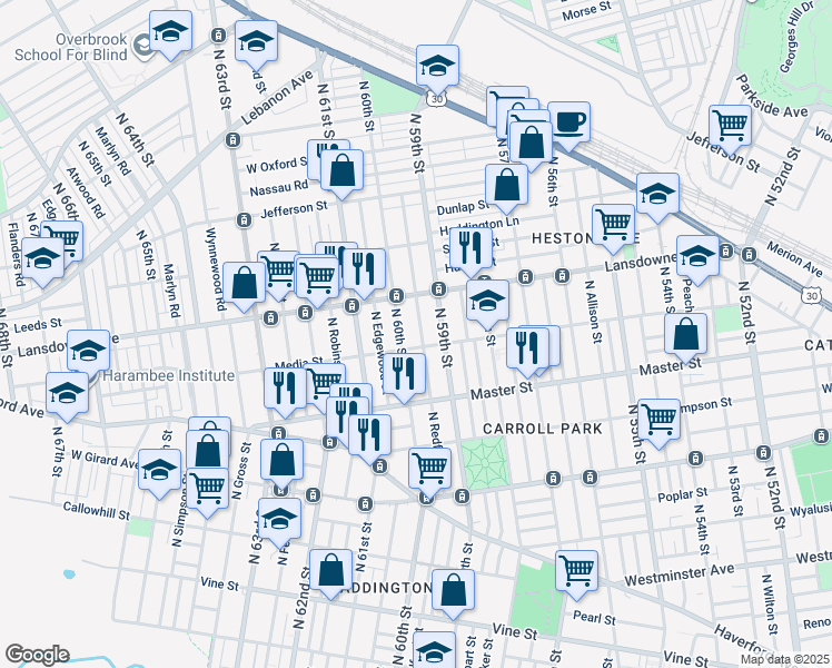 map of restaurants, bars, coffee shops, grocery stores, and more near 1516 North Redfield Street in Philadelphia