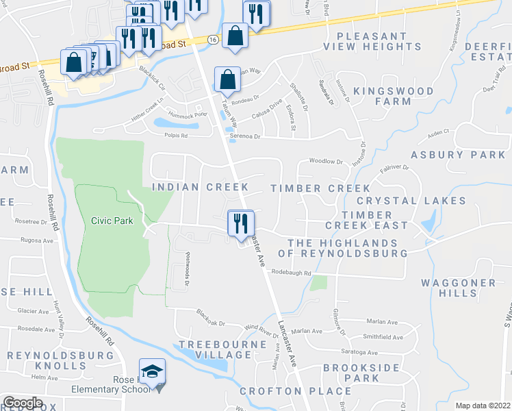 map of restaurants, bars, coffee shops, grocery stores, and more near 7174 Anne Court in Reynoldsburg