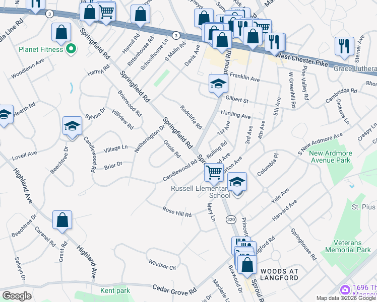 map of restaurants, bars, coffee shops, grocery stores, and more near 2602 Springfield Road in Broomall