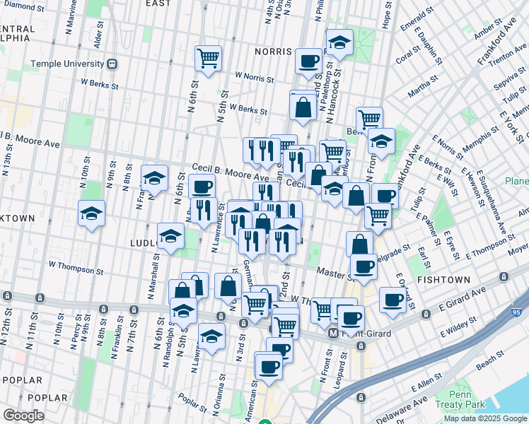 map of restaurants, bars, coffee shops, grocery stores, and more near 244 West Oxford Street in Philadelphia