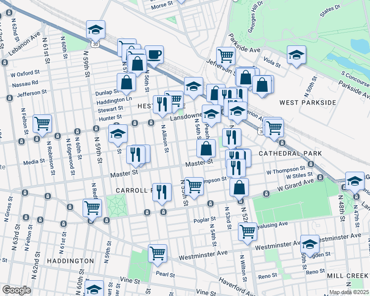 map of restaurants, bars, coffee shops, grocery stores, and more near 1448 North Conestoga Street in Philadelphia