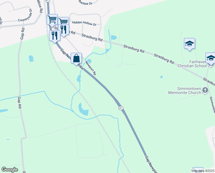 map of restaurants, bars, coffee shops, grocery stores, and more near 135 Pennsylvania 41 in Gap