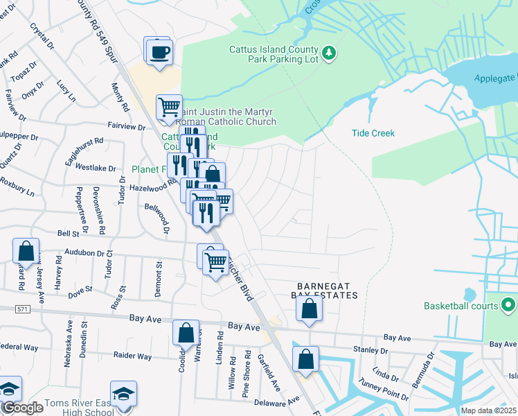map of restaurants, bars, coffee shops, grocery stores, and more near 987 Cooper Drive in Toms River