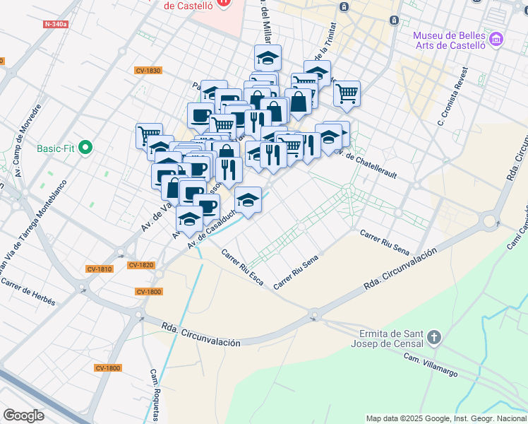map of restaurants, bars, coffee shops, grocery stores, and more near 16 Carrer Riu Volga in Castelló de la Plana