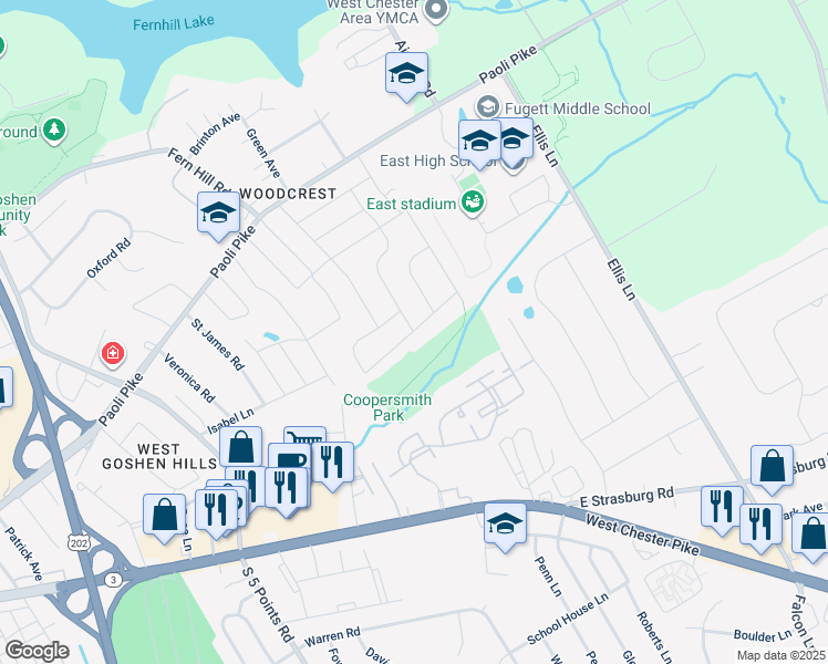 map of restaurants, bars, coffee shops, grocery stores, and more near 1214 Farmington Lane in West Chester
