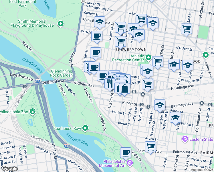 map of restaurants, bars, coffee shops, grocery stores, and more near 2931 West Girard Avenue in Philadelphia