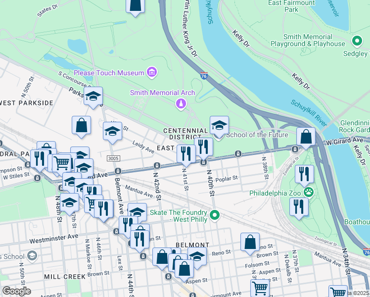 map of restaurants, bars, coffee shops, grocery stores, and more near 4068 Parkside Avenue in Philadelphia