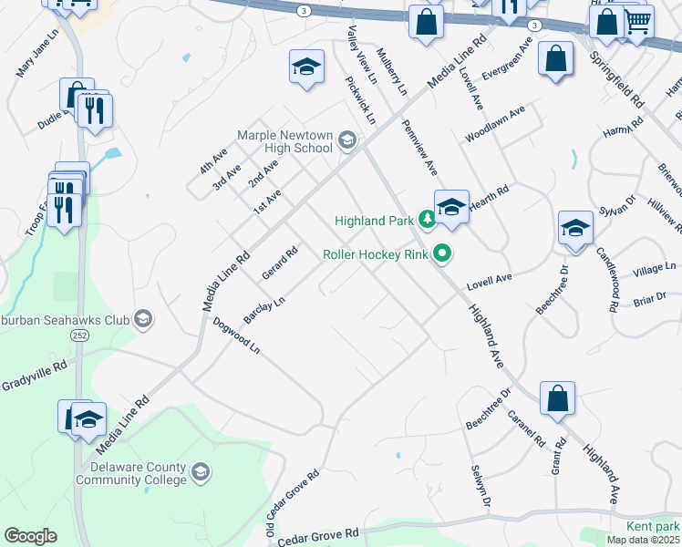 map of restaurants, bars, coffee shops, grocery stores, and more near 2876 Old Cedar Grove Road in Broomall