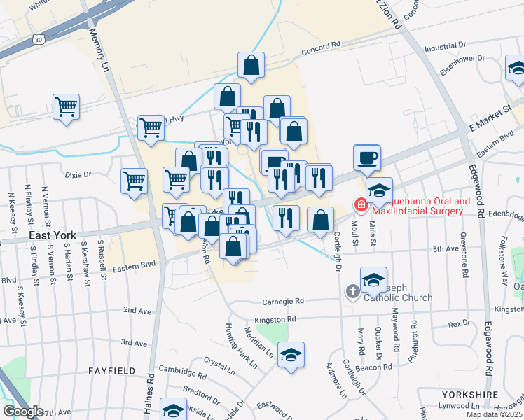 map of restaurants, bars, coffee shops, grocery stores, and more near 2700 East Market Street in East York