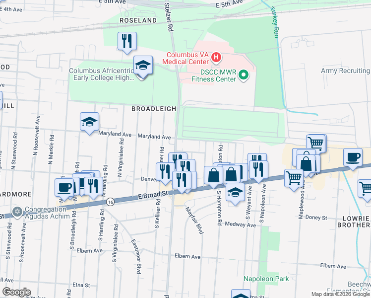 map of restaurants, bars, coffee shops, grocery stores, and more near 3336 Anawanda Avenue in Columbus