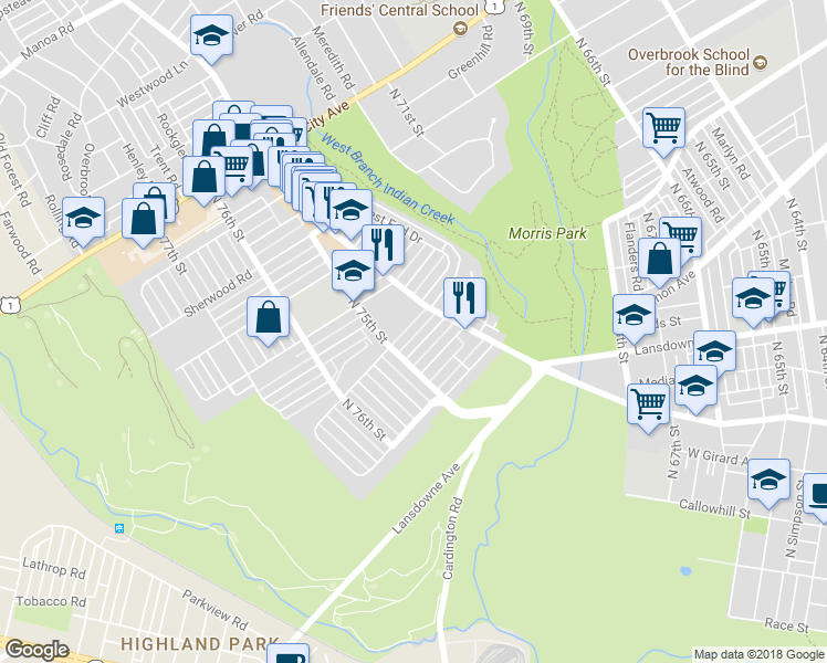 map of restaurants, bars, coffee shops, grocery stores, and more near 7428 Malvern Ave in Philadelphia