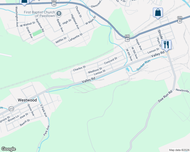 map of restaurants, bars, coffee shops, grocery stores, and more near 902 Madison Street in Coatesville