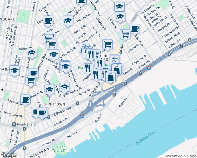 map of restaurants, bars, coffee shops, grocery stores, and more near 2304 East Cabot Street in Philadelphia