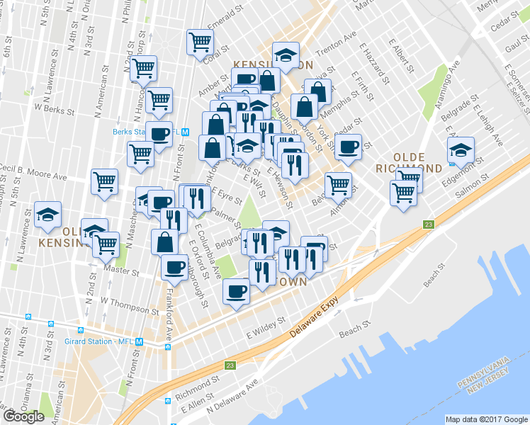 map of restaurants, bars, coffee shops, grocery stores, and more near 603 Miller Street in Philadelphia