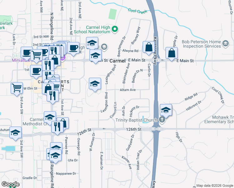 map of restaurants, bars, coffee shops, grocery stores, and more near 311 Concord Lane in Carmel