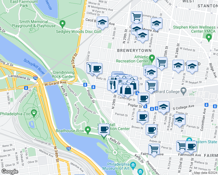 map of restaurants, bars, coffee shops, grocery stores, and more near 2933 West Girard Avenue in Philadelphia