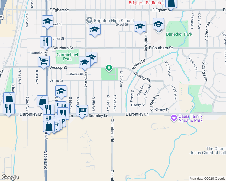 map of restaurants, bars, coffee shops, grocery stores, and more near 747 South 13th Avenue in Brighton