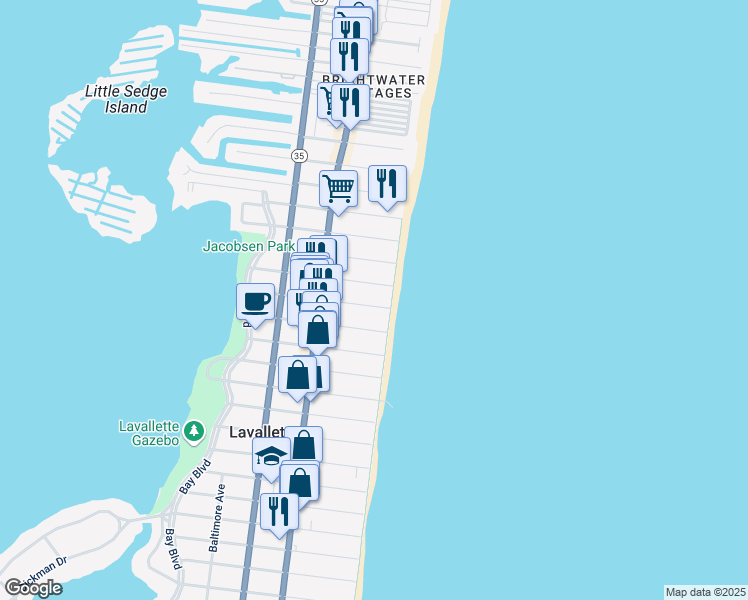 map of restaurants, bars, coffee shops, grocery stores, and more near 1 Guyer Avenue in Lavallette