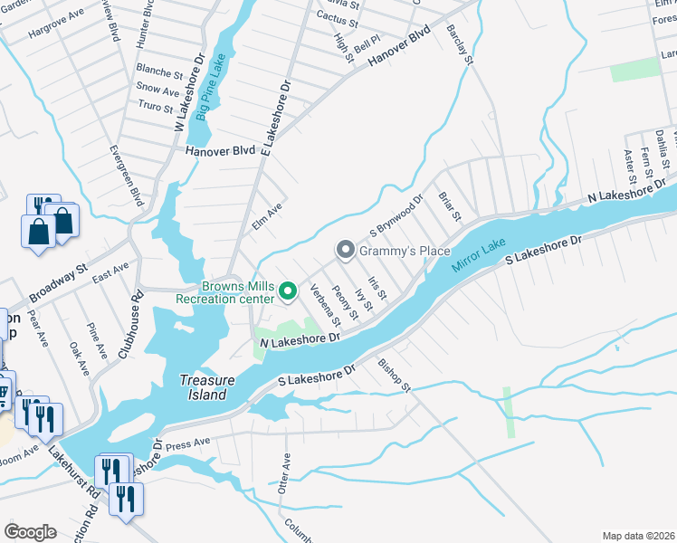 map of restaurants, bars, coffee shops, grocery stores, and more near 79 Ivy Street in Browns Mills