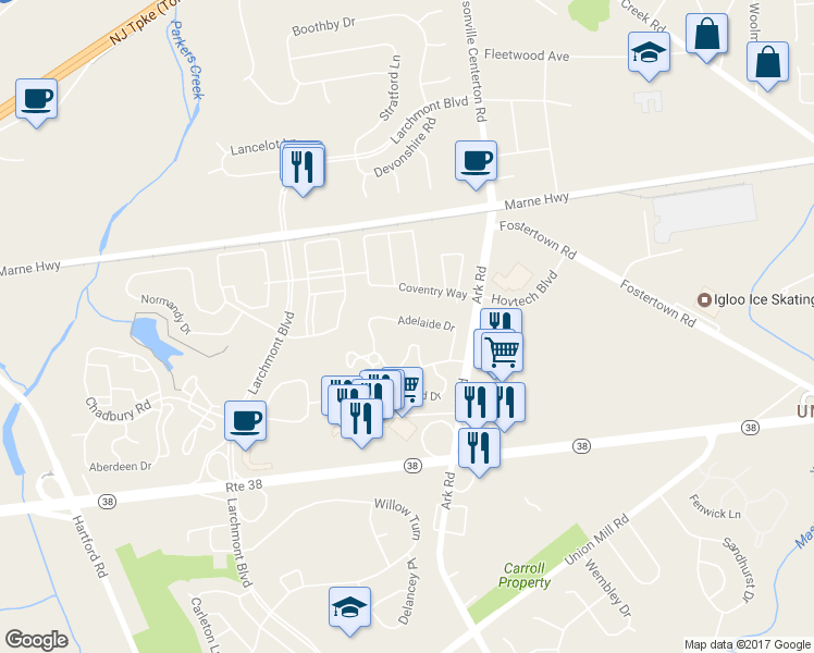 map of restaurants, bars, coffee shops, grocery stores, and more near 4706B Adelaide Drive in Mount Laurel Township