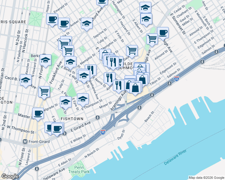 map of restaurants, bars, coffee shops, grocery stores, and more near 2216 East Thompson Street in Philadelphia