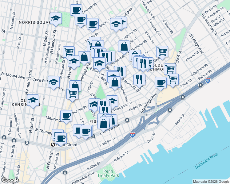 map of restaurants, bars, coffee shops, grocery stores, and more near 1411 East Berks Street in Philadelphia