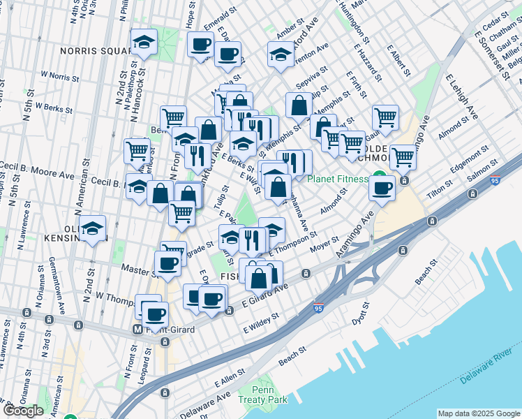map of restaurants, bars, coffee shops, grocery stores, and more near 603 Miller Street in Philadelphia
