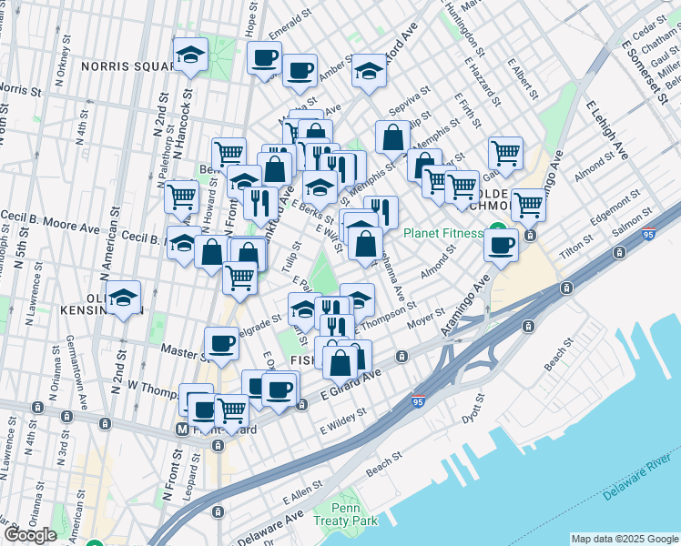 map of restaurants, bars, coffee shops, grocery stores, and more near 1431 East Montgomery Avenue in Philadelphia