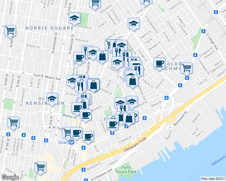 map of restaurants, bars, coffee shops, grocery stores, and more near 1714 Memphis Street in Philadelphia