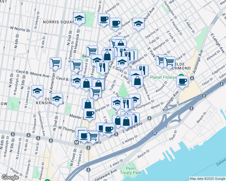map of restaurants, bars, coffee shops, grocery stores, and more near 1714 Memphis Street in Philadelphia