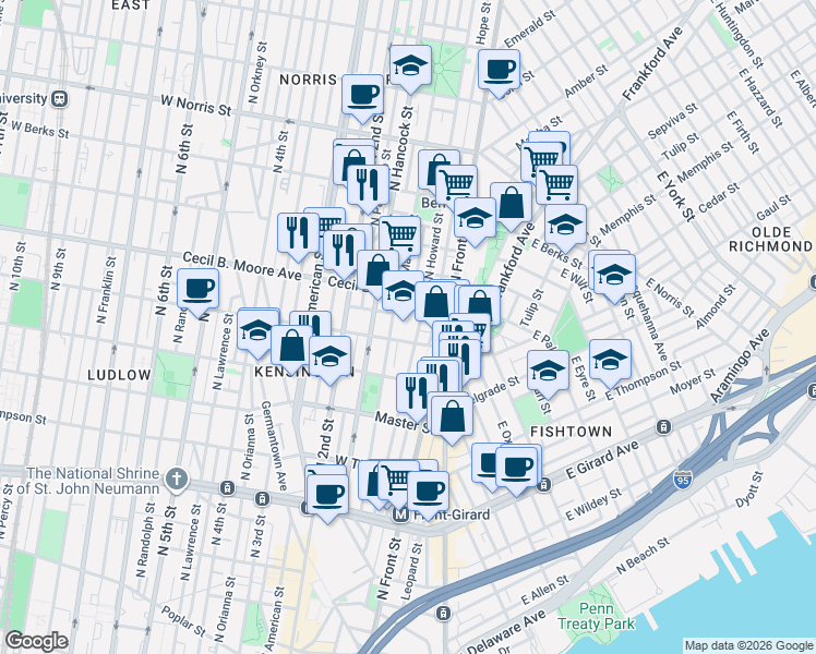 map of restaurants, bars, coffee shops, grocery stores, and more near 1615 North Hancock Street in Philadelphia