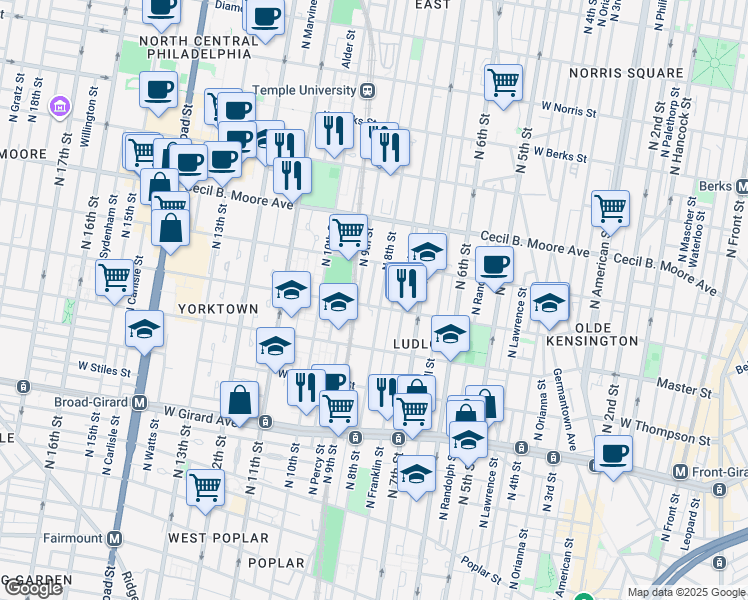 map of restaurants, bars, coffee shops, grocery stores, and more near 1526 North 9th Street in Philadelphia