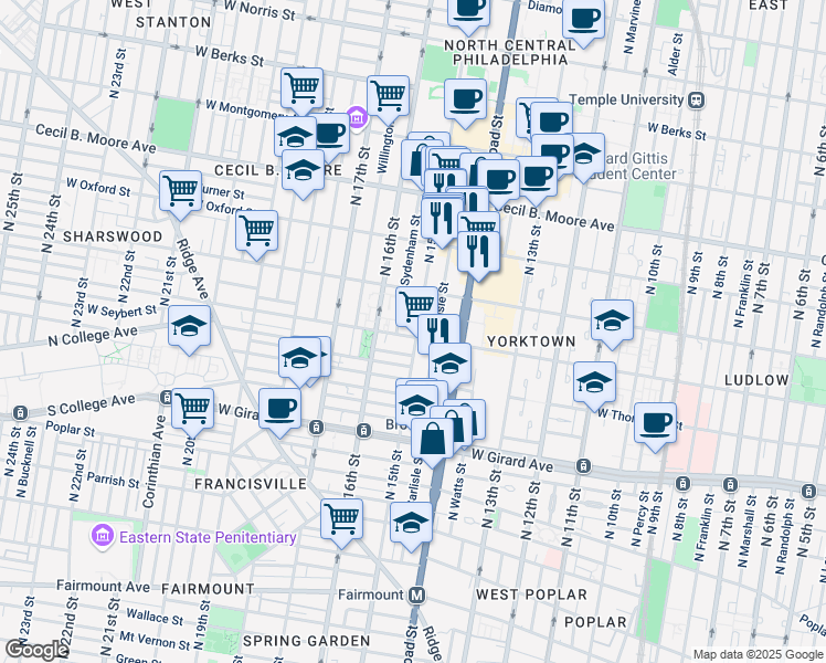 map of restaurants, bars, coffee shops, grocery stores, and more near in Philadelphia