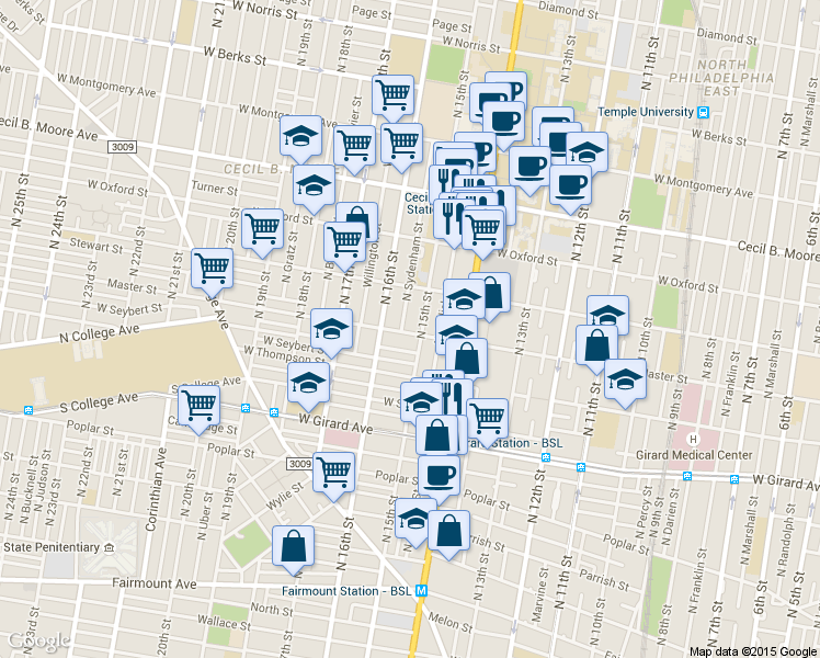 map of restaurants, bars, coffee shops, grocery stores, and more near in Philadelphia