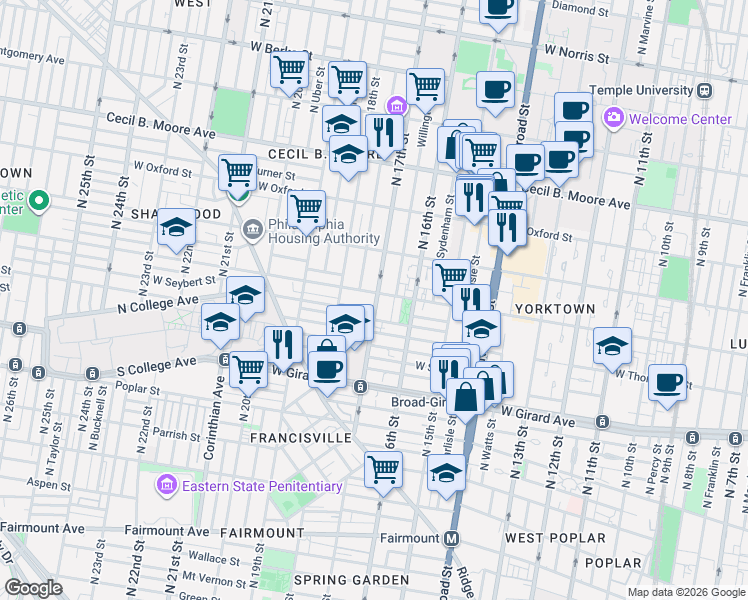 map of restaurants, bars, coffee shops, grocery stores, and more near 1654 Master Street in Philadelphia