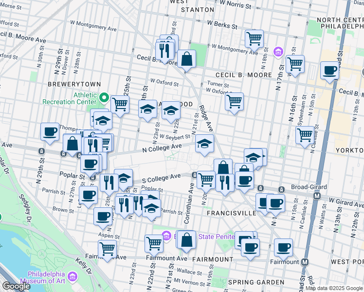 map of restaurants, bars, coffee shops, grocery stores, and more near 2101 North College Avenue in Philadelphia