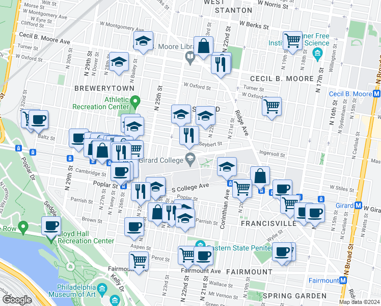 map of restaurants, bars, coffee shops, grocery stores, and more near 1260 North 23rd Street in Philadelphia