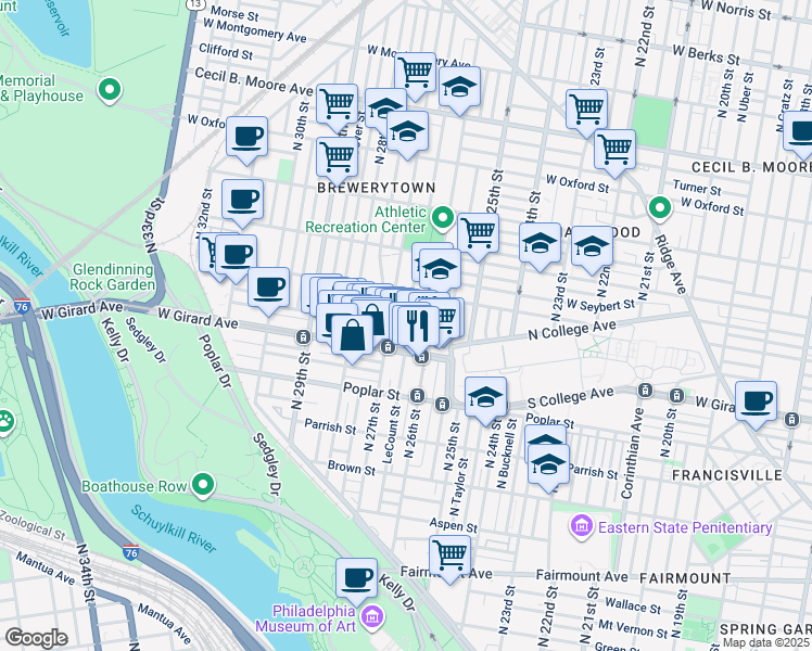 map of restaurants, bars, coffee shops, grocery stores, and more near 1237 North 27th Street in Philadelphia