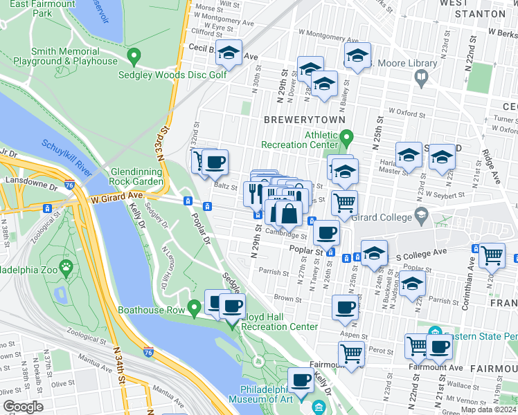 map of restaurants, bars, coffee shops, grocery stores, and more near in Philadelphia
