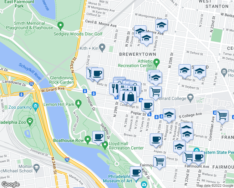map of restaurants, bars, coffee shops, grocery stores, and more near 1208 North 29th Street in Philadelphia