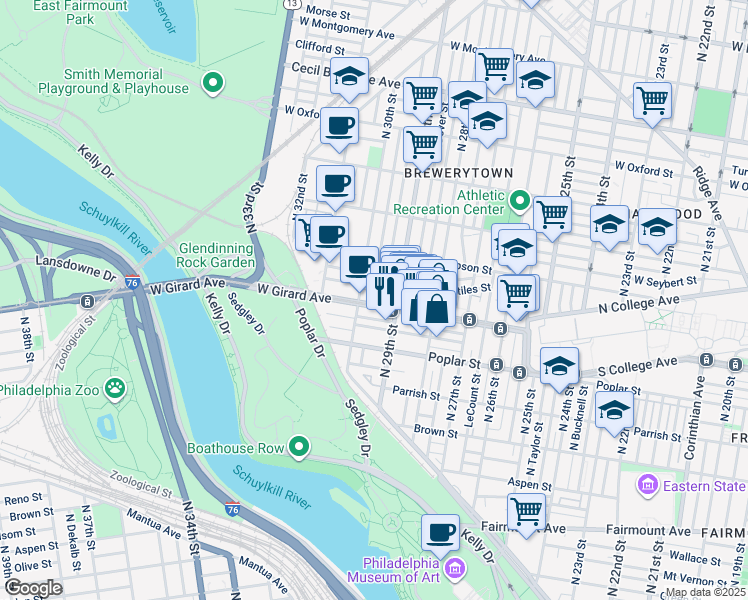 map of restaurants, bars, coffee shops, grocery stores, and more near 2931 West Girard Avenue in Philadelphia