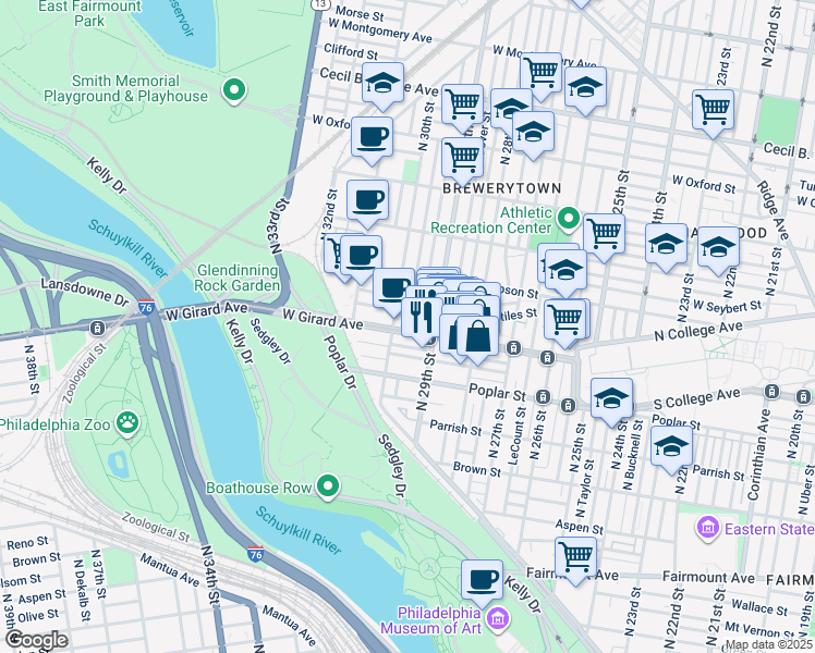map of restaurants, bars, coffee shops, grocery stores, and more near 2933 West Girard Avenue in Philadelphia