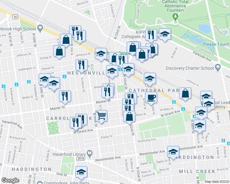 map of restaurants, bars, coffee shops, grocery stores, and more near 1436 North 53rd Street in Philadelphia