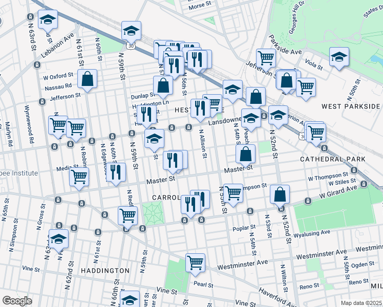 map of restaurants, bars, coffee shops, grocery stores, and more near 5612 Media Street in Philadelphia