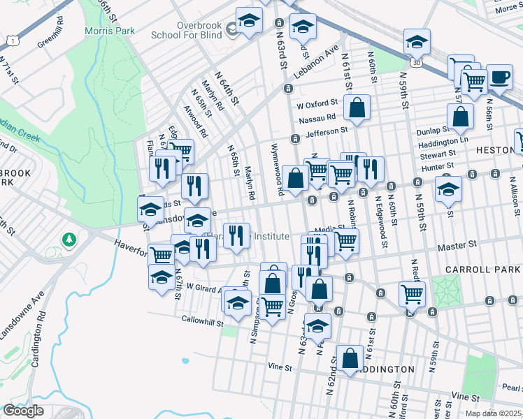map of restaurants, bars, coffee shops, grocery stores, and more near 753 Marlyn Road in Philadelphia