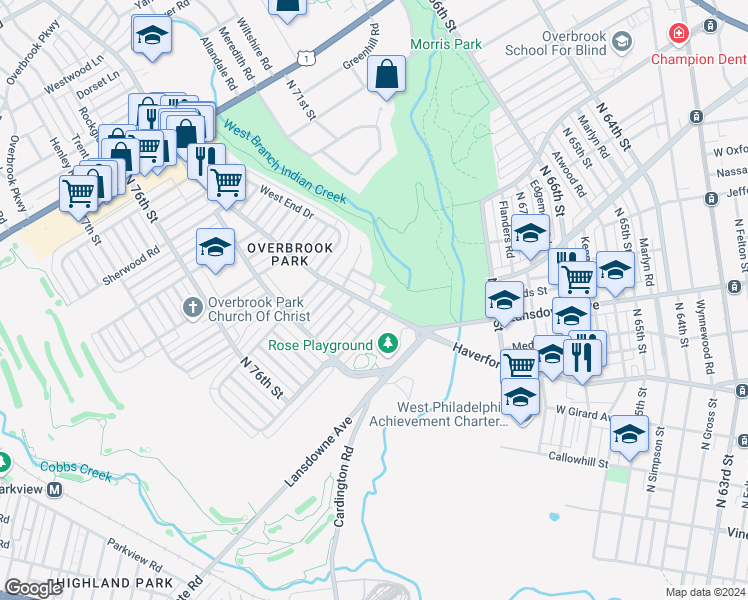 map of restaurants, bars, coffee shops, grocery stores, and more near 7235 Haverford Avenue in Philadelphia