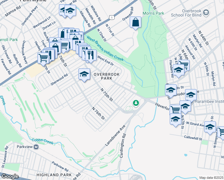 map of restaurants, bars, coffee shops, grocery stores, and more near 7428 Malvern Avenue in Philadelphia