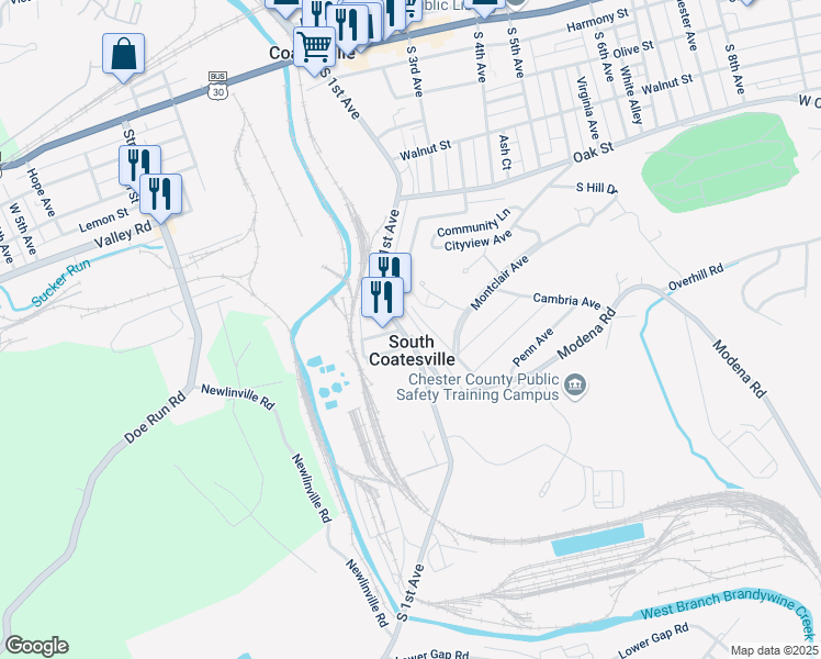 map of restaurants, bars, coffee shops, grocery stores, and more near in South Coatesville