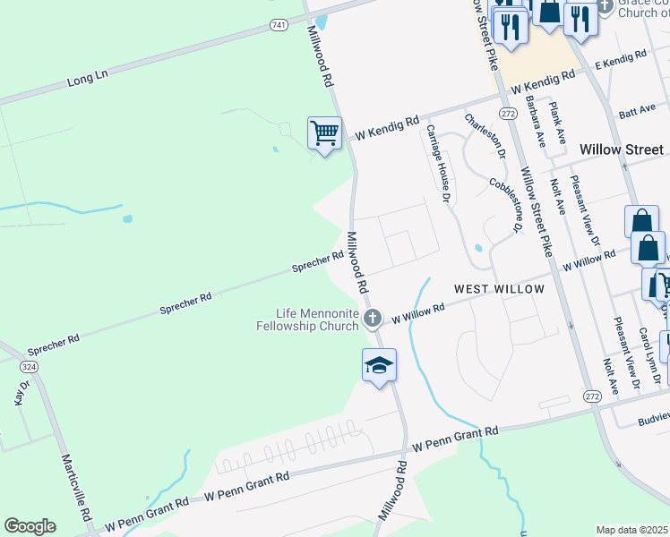 map of restaurants, bars, coffee shops, grocery stores, and more near 21 Sprecher Road in Willow Street